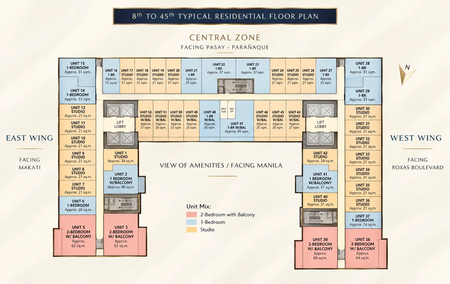 Typical residential floor plan for the 8th to 45th floors. The East Wing faces Makati, the West Wing faces Roxas Boulevard, and the Central Zone faces Pasay and Parañaque. Each unit is labelled with its type and approximate size.