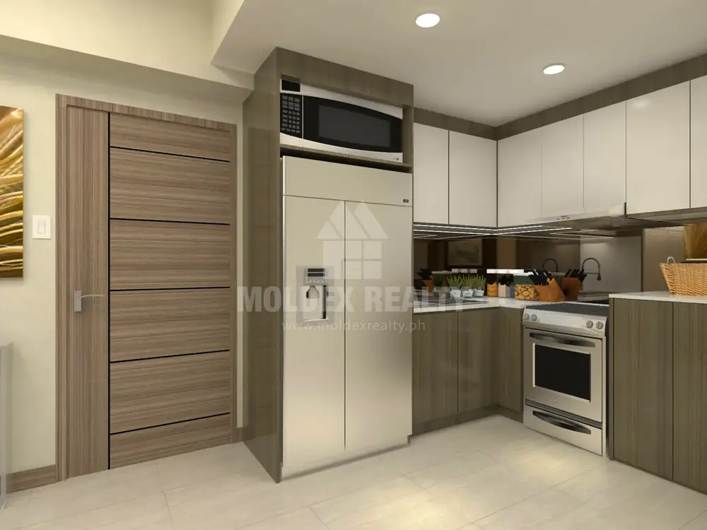 Rendered kitchen for the 2BR layout, with a refrigerator beside the cabinets