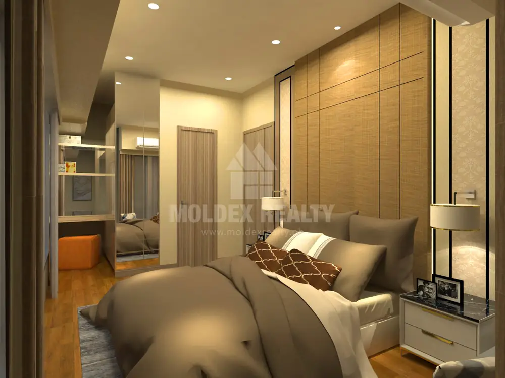 An artist's rendering shows the 2BR master bedroom with a padded headboard wall